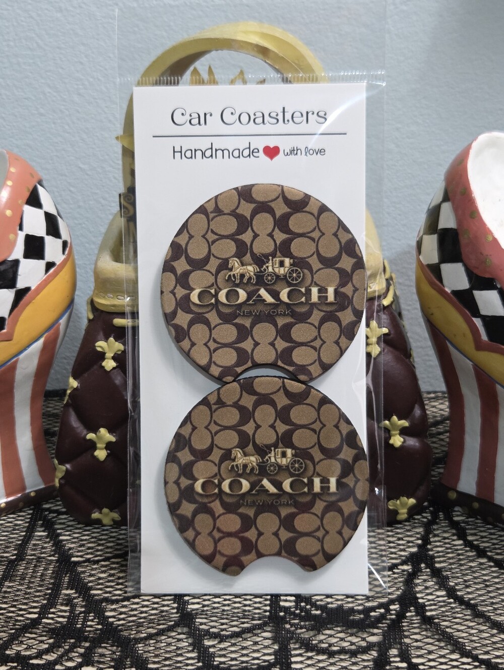 Handmade Designer Inspired Monogram Car Coasters - Set of 2, NEW